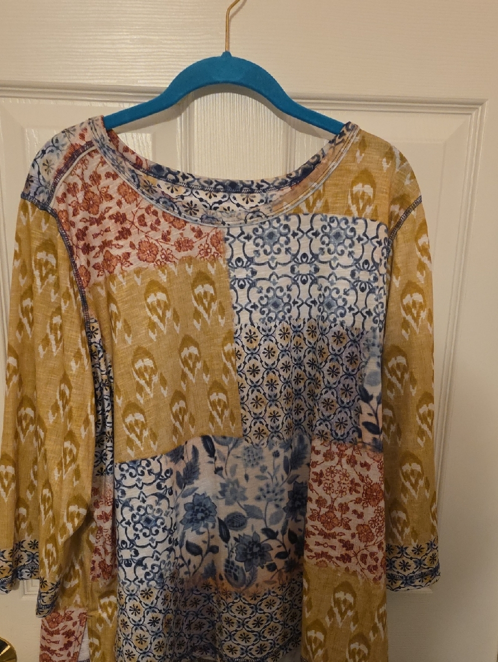 Alfred Dunner Women’s Patchwork-Print Tunic Top in Mustard and Blue